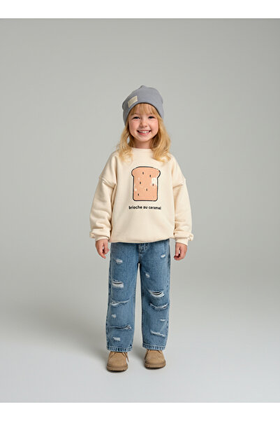 Magu Girl's Cotton Cream Printed Sweatshirt and Ripped Detailed Denim Pants Set