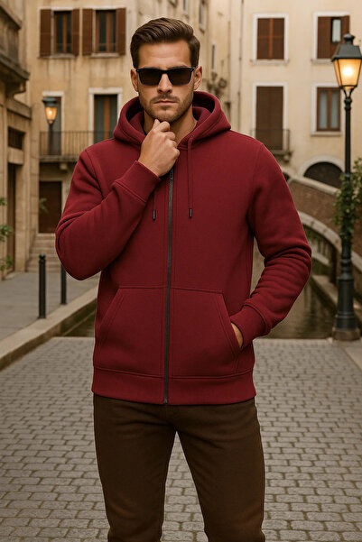 DAMGA JEANS Ανδρικό χειμερινό καπάκι με φερμουάρ oversized σε μπορντό χρώμα