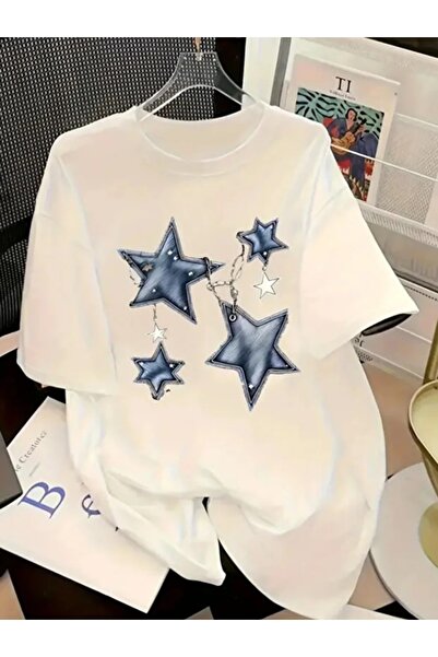 shi dumanlar giyim Oversize Bay/ Zincirli Yıldız Baskılı Penye Tshirt