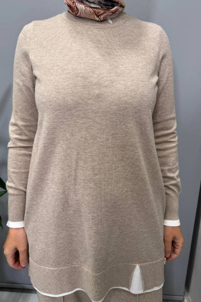 MISS DALIDA Collar Slit Knitwear Tunic Mink T25Pf-6002