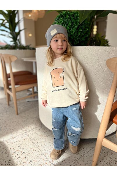Magu Girl's Cotton Cream Printed Sweatshirt and Ripped Detailed Denim Pants Set