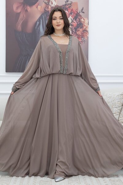 TREN Elegant Taupe Maxi Dress with Embellished Details | Modest Evening Gown for Special Occasions