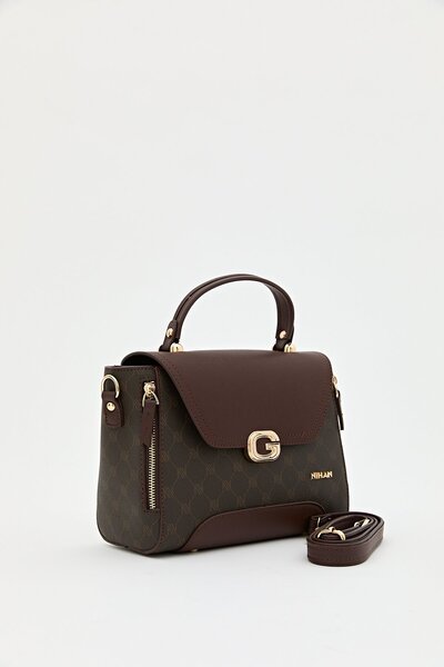 Nihan Monogram Kapaklı Çapraz Askılı Çanta Kahve