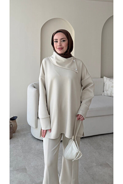 Miraydın Butik Women's Stone Shawl Collar Double Scuba Suit M7083 - Beige