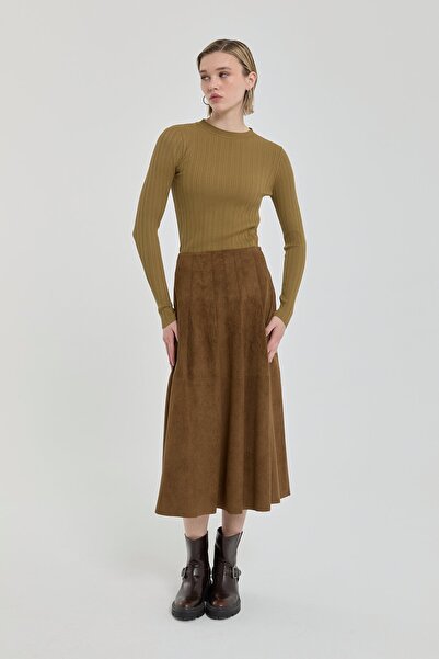 Nihan Pileli Süet Etek Haki