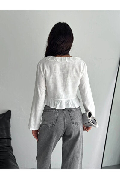 GENCULUS Linen Long Sleeve Lace Detailed Blouse White