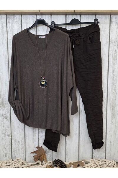 pudubutik Oversized V-Neck Casual Italian Brown Sweater