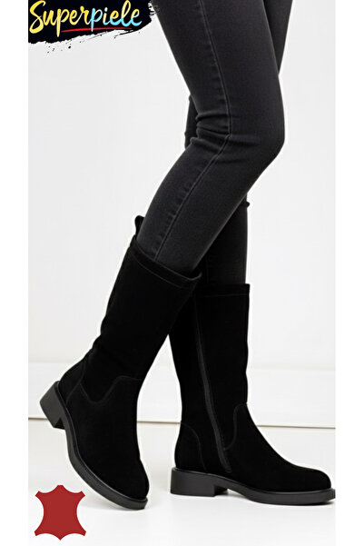 piele naturala Дамски черни велурени ботуши с цип