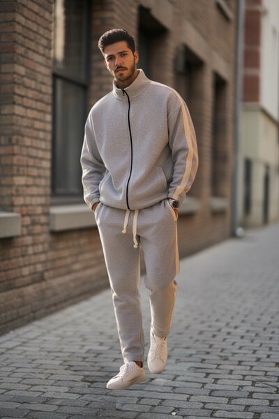 BİRBEYSTORE Lower Upper Set Striped Detail 3 Thread Tracksuit Set Zippered Comfortable Fit Elastic Waist