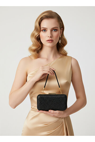 Biçanta Geantă de seară pentru femei, culoare neagră, cu piatră de cristal, n...