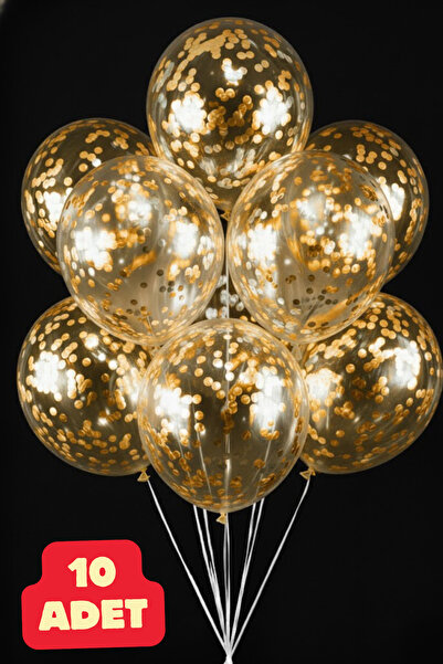 Baloncu Dede Gold 10 Adet Konfetili Şeffaf Balon Doğum Günü Balonu Parçacıklı...