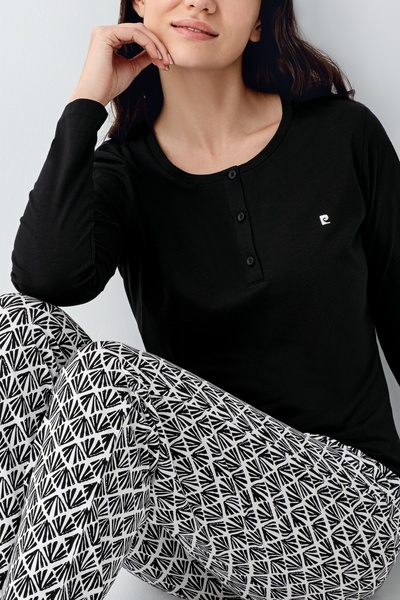 Pierre Cardin Women's Black Round Half Placket Buttoned Collar Modal-Cotton 2-Piece Pajama Set Vr.11.P90.C69.Y01