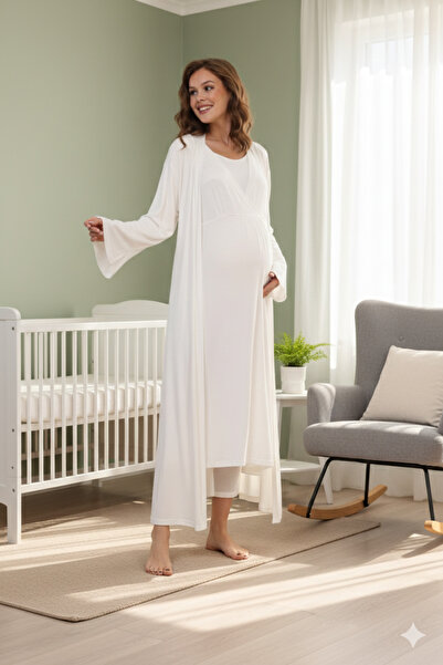 Lohussa Women's Ecru Double-Breasted Collar Winter Design Full Length 100% Cotton Maternity Pajamas Nightgown Set