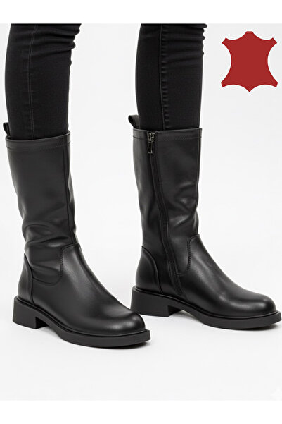 kevali Γυναικείες μαύρες μπότες από γνήσιο δέρμα με φερμουάρ και στρογγυλή μύτη