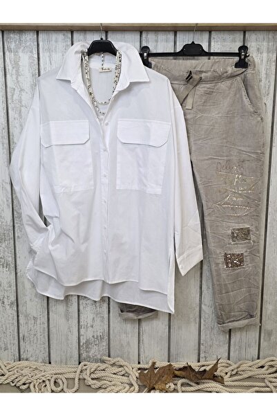 pudubutik Double Pocket Oversized White Shirt