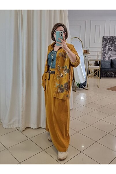 pudubutik Loose Cut Velvet Long Skirt Mustard