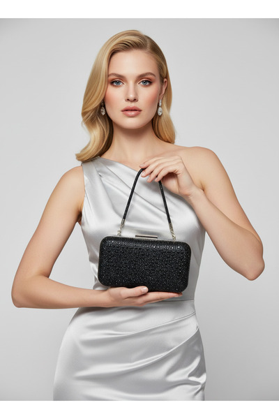 Biçanta Geantă de seară pentru femei, culoare neagră, cu piatră de cristal, n...