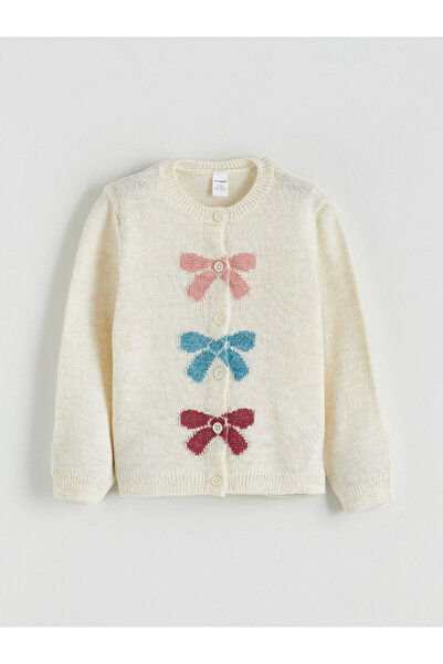 LC Waikiki Patenth's Ecru Bow Printed Girls' Cardigan