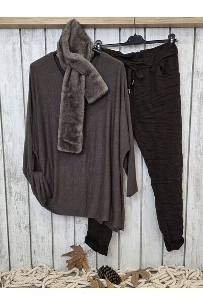 pudubutik Oversized V-Neck Casual Italian Brown Sweater