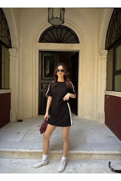 GENCULUS Osy Odal Soft Textured Fabric Patchwork Crew Neck T-Shirt with Shorts Skirt Two-Piece Set Black