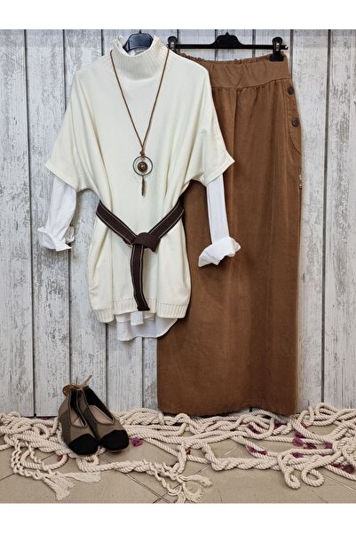 pudubutik Loose Cut Velvet Long Skirt Camel