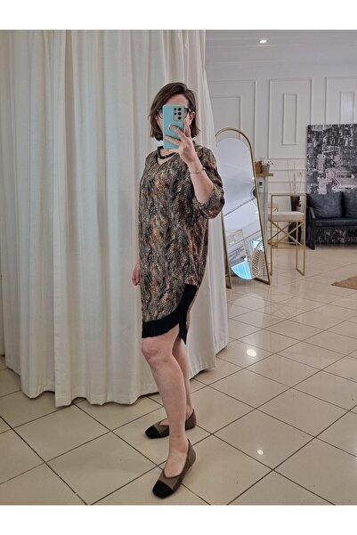 pudubutik Brown Patterned Tunic Satin Dress