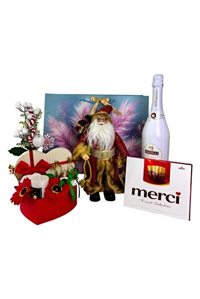 velve Pachet Christmas Delight, cu ciocolata asortata Merci,Mos Craciun,vin spumant,aranjament floral