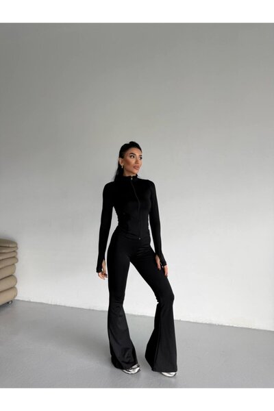 Kokosh moda Women's Turtleneck Pocket Detailed Jacket and Flared Leg Sports Two-Piece Set