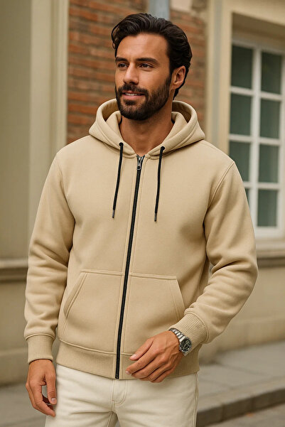 DAMGA JEANS Erkek Kışlık Krem Oversize Uzun Hırka Sweatshirt