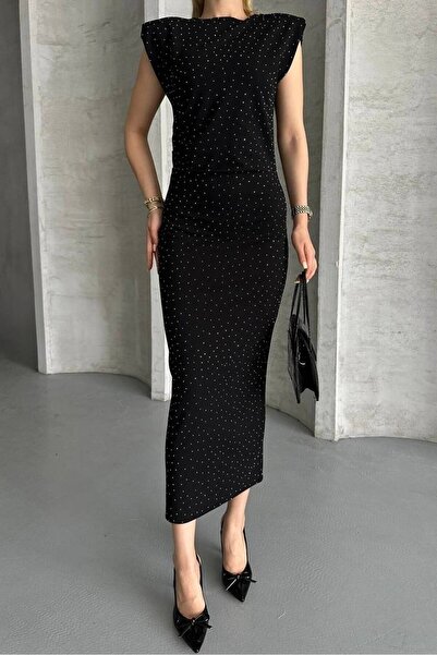 Varyete Stone Detail Crew Neck Slit Shoulder Pad Piece Dress