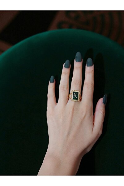 MODA K Harfli Zümrüt Gold Yüzük-Zümrüt Işıltısı