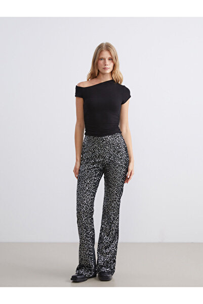 LC Waikiki Pantaloni negri pentru femei cu paiete cu picior evazat