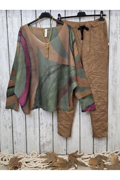 pudubutik Batik Print Italian Knitwear Sweater Camel