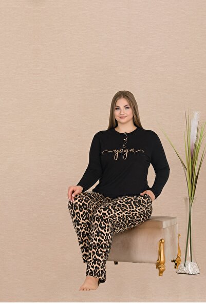 lidofya Leopard Print Long Sleeve Plus Size Viscose Pajama Set