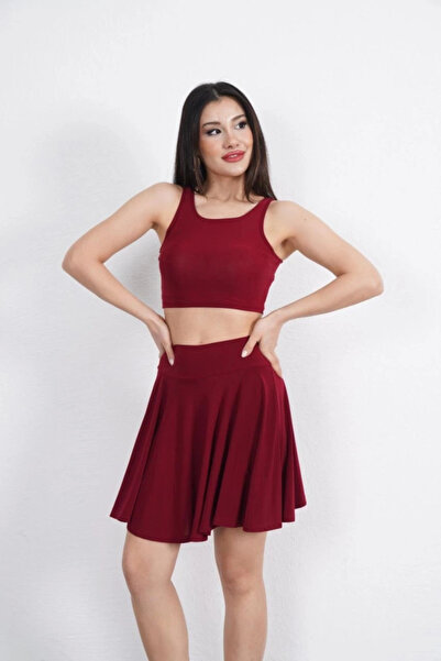 GENCULUS Endy Fabric Crew Neck Crop Shorts Skirt Two-Piece Set Burgundy