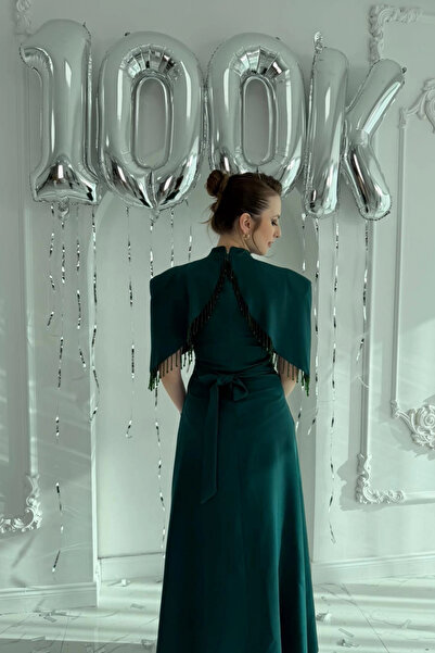 HELİS BUTİK Special Design Emerald Evening Dress with Stone Work Detail