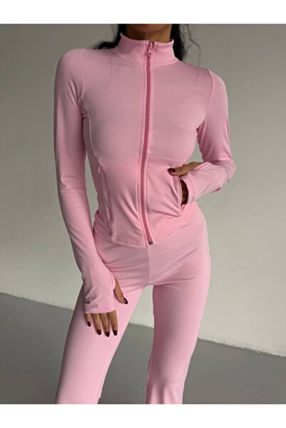 Kokosh moda Women's Turtleneck Pocket Detailed Jacket and Flared Leg Sports Two-Piece Set