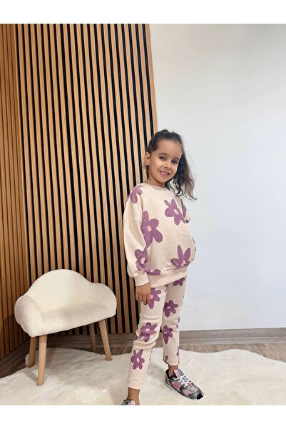 ARBİ kids Girl's Floral Print Three-Thread Class Full-Fit Winter Suit