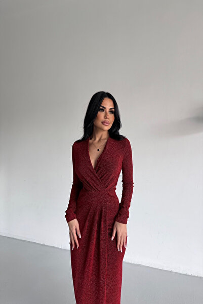 kamacibutik Double-Breasted Special Design Burgundy Dress with Collar and Glitter