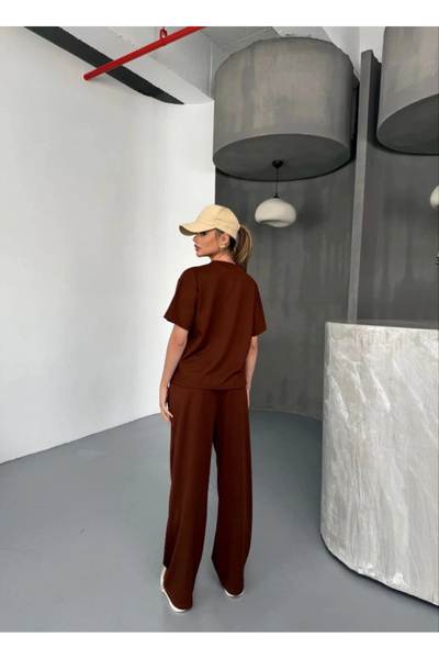 GENCULUS Osy Odal Soft Textured Fabric Short Sleeve Blouse Casual Pant Double Suit Brown