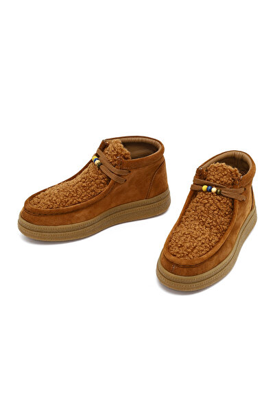 Derimod Women's Tan Lace-Up Thick Soled Suede Leather Teddy Boots 25Wfd205010