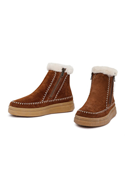 Derimod Women's Brown Zippered Thick Soled Suede Leather Teddy Boots 25Wfd205110
