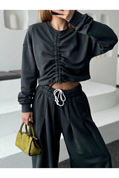 GENCULUS Long Sleeve Crop Top with Drawstring Front and Trousers Two-Piece Set Anthracite