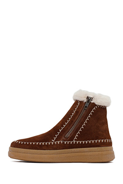 Derimod Women's Brown Zippered Thick Soled Suede Leather Teddy Boots 25Wfd205110