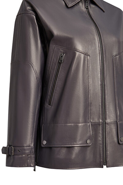 Derimod Rosalin Women Gray Shirt Collar Oversized Leather Coat 25Wge5327Mp