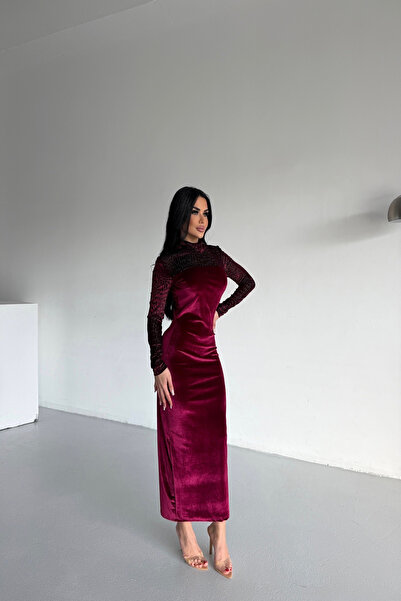 kamacibutik Turtleneck Velvet Fabric Burgundy Dress with Chest and Sleeve Detail
