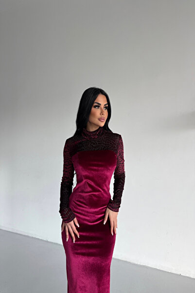 kamacibutik Turtleneck Velvet Fabric Burgundy Dress with Chest and Sleeve Detail