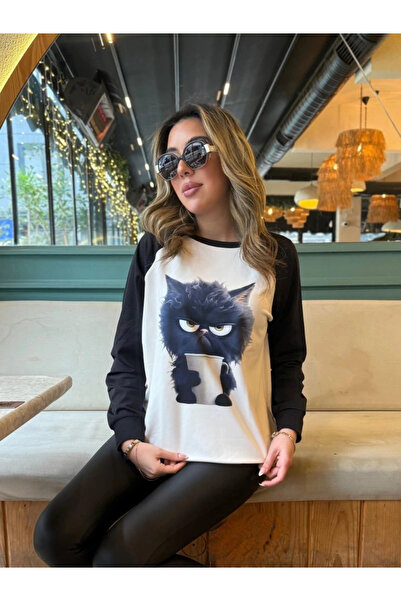 GENCULUS    Women's Long Sleeve Crew Neck Cat Printed Hooded Diver Blouse