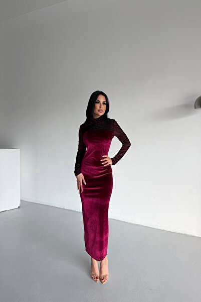 kamacibutik Turtleneck Velvet Fabric Burgundy Dress with Chest and Sleeve Detail