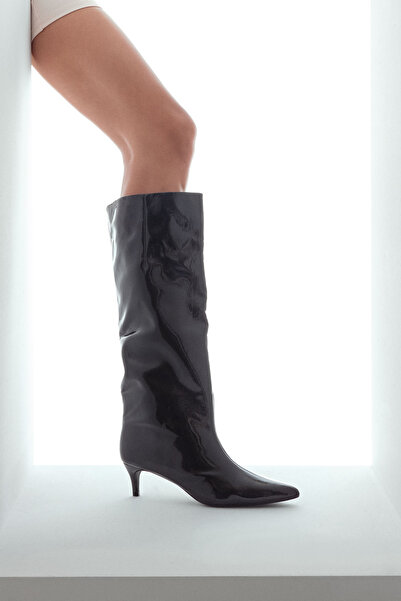 Derimod Women's Black Short Thin Heeled Patent Leather Boots 25Wfe481416